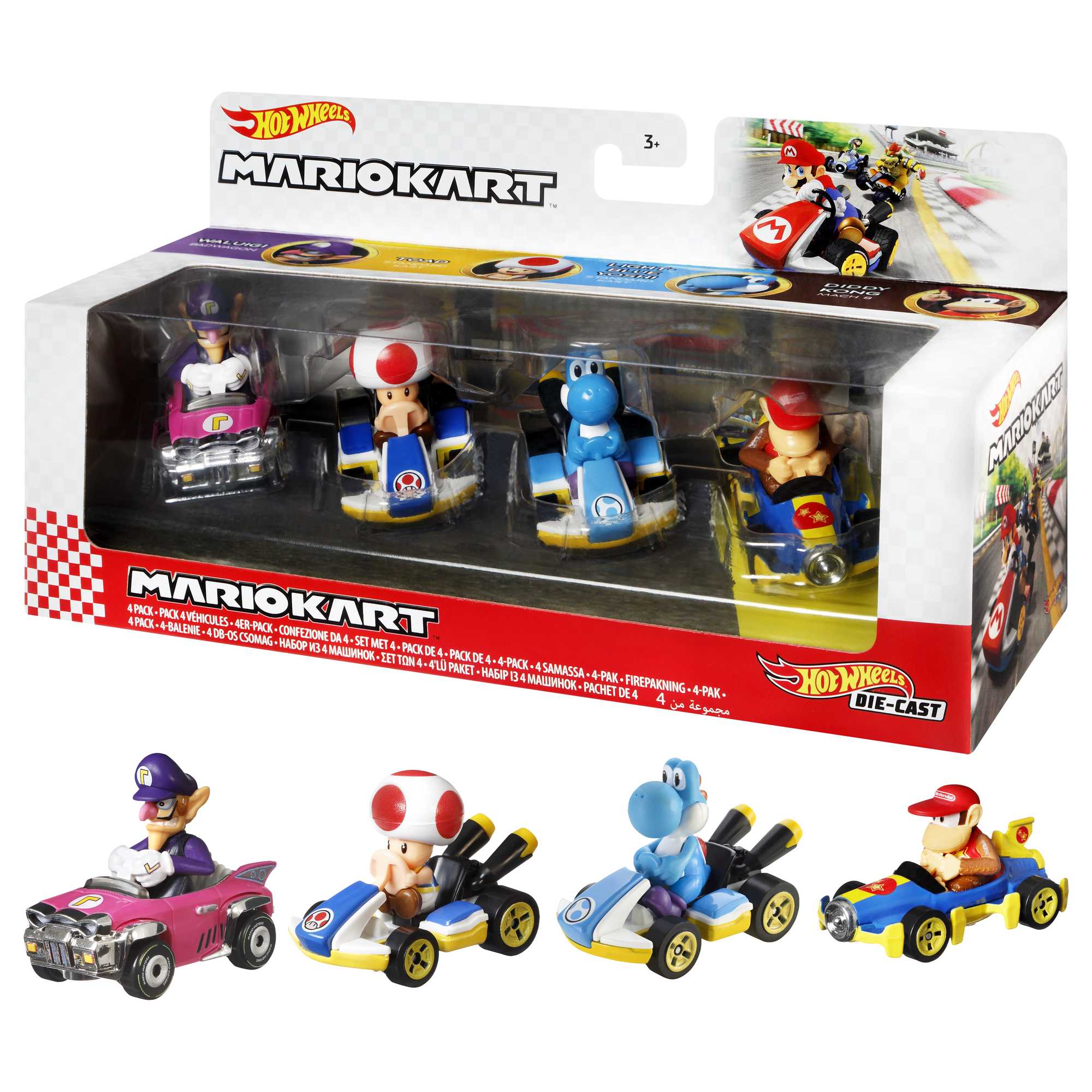 fisher price Hot Wheels Mario Kart Veh??culo de Juguete Paquete de 4 con Diddy Kong, Waluigi, Toad y Yoshi azul
