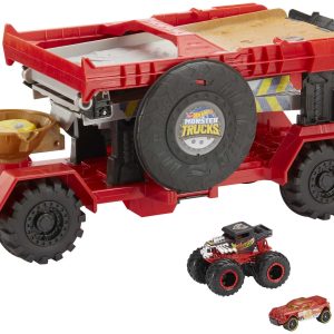 fisher price Hot Wheels Monster Trucks, Transporter And Track With 1:64 Scale Toy Truck