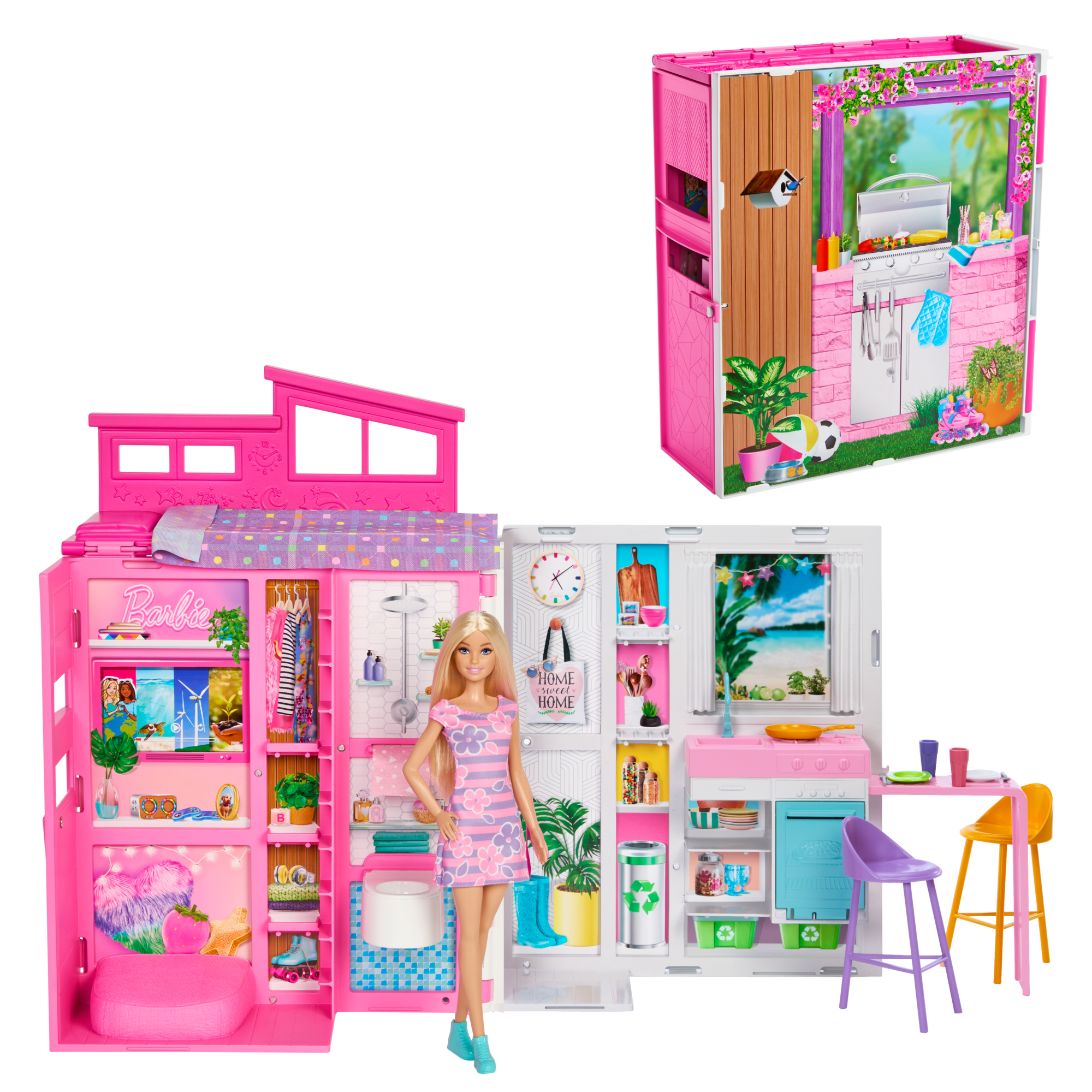 fisher price Barbie  Maison Portative et Poup??e, 4Pi??ces, 11Accessoires