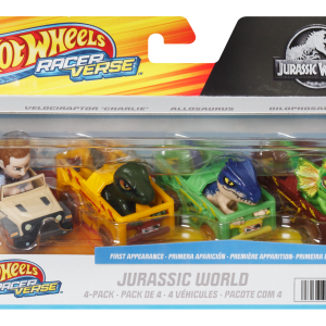 fisher price Hot Wheels Racerverse, Set Of 4 Die-Cast Hot Wheels Cars With Jurassic World Characters As Drivers